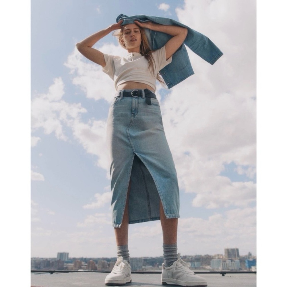 Madewell Rigid Denim A-Line Midi Skirt Size 32 Woodley Wash Style NA213 - Picture 2 of 10